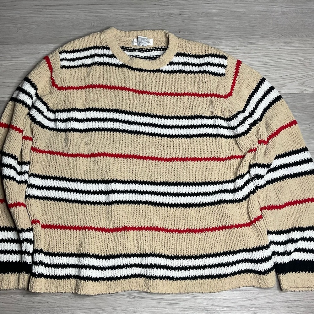 VINTAGE Claudia D Sweater Womens X Large Long Sleeve Crew Neck Stripe Knit Beige